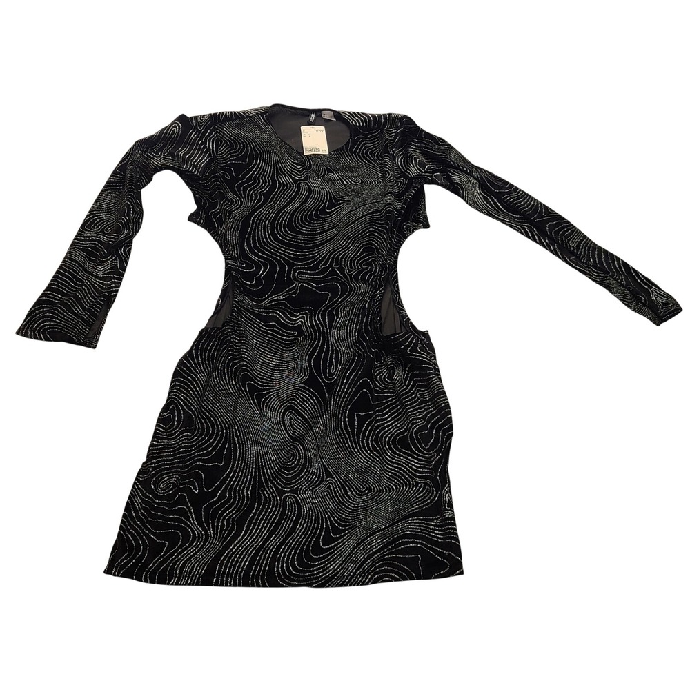 H&M Divided Dress Women's Silver Swirl Cut-Out Mini Large Black Sparkle NWT